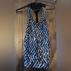 Cute Glitter Blue/Silver on Black tank top.